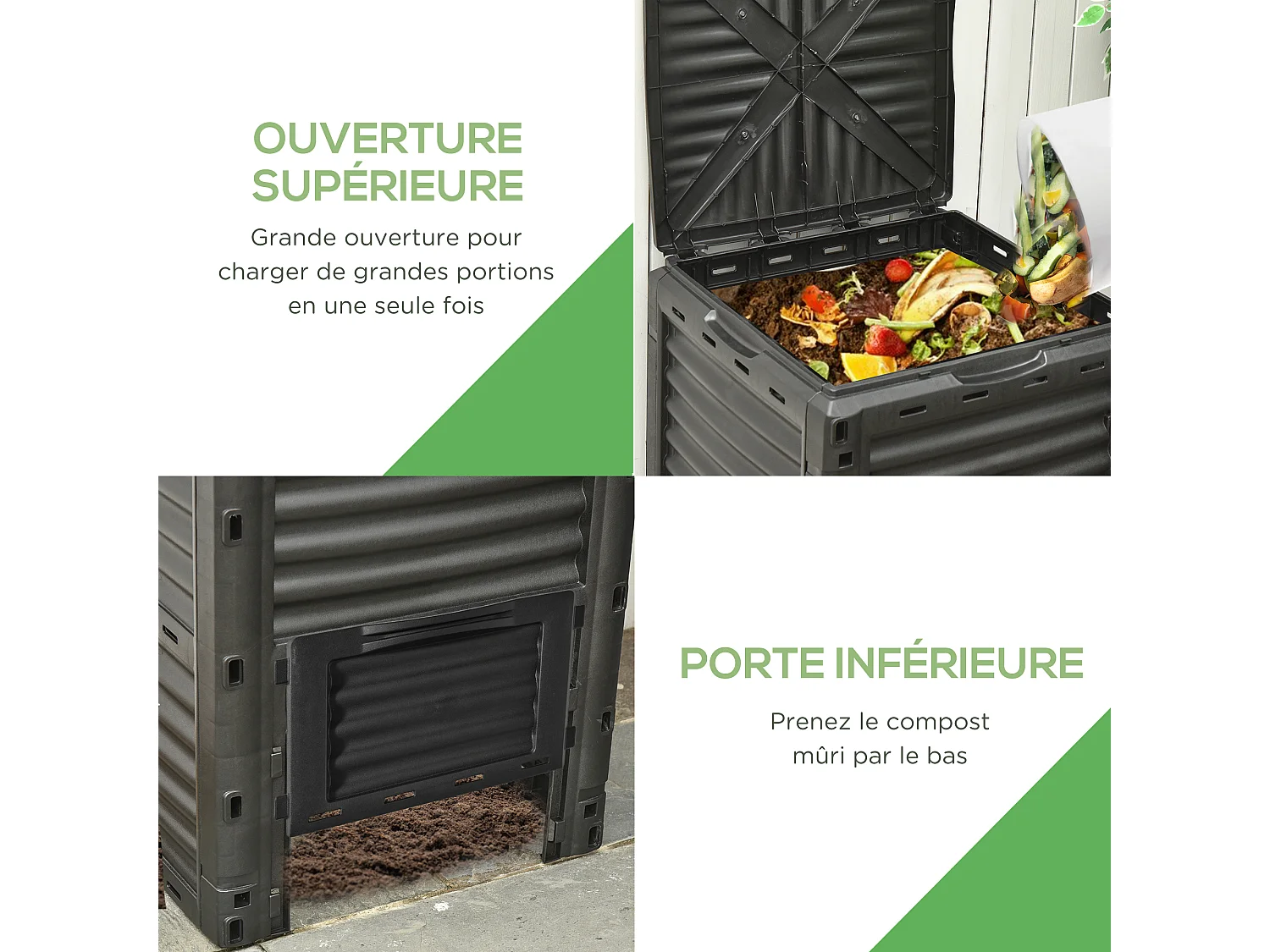 Composteur de jardin 300L - grande porte et couvercle - aération optimale - polypropylène noir