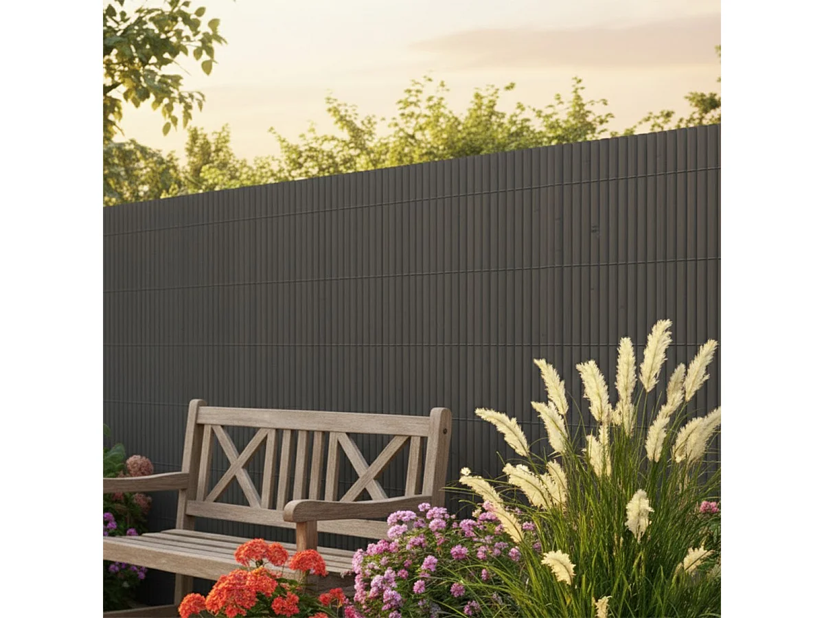 Canisse Brise vue en PVC tube Plat,Clôture protection pour jardin terasse balcon coloris Gris - Hauteur 160 x Longueur 500 cm 1700g/m2