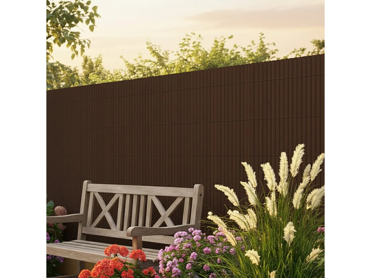 Canisse Brise vue en PVC tube Plat,Clôture protection pour jardin terasse balcon coloris marron foncée - Hauteur 160 x Longueur 500 cm 1700g/m2