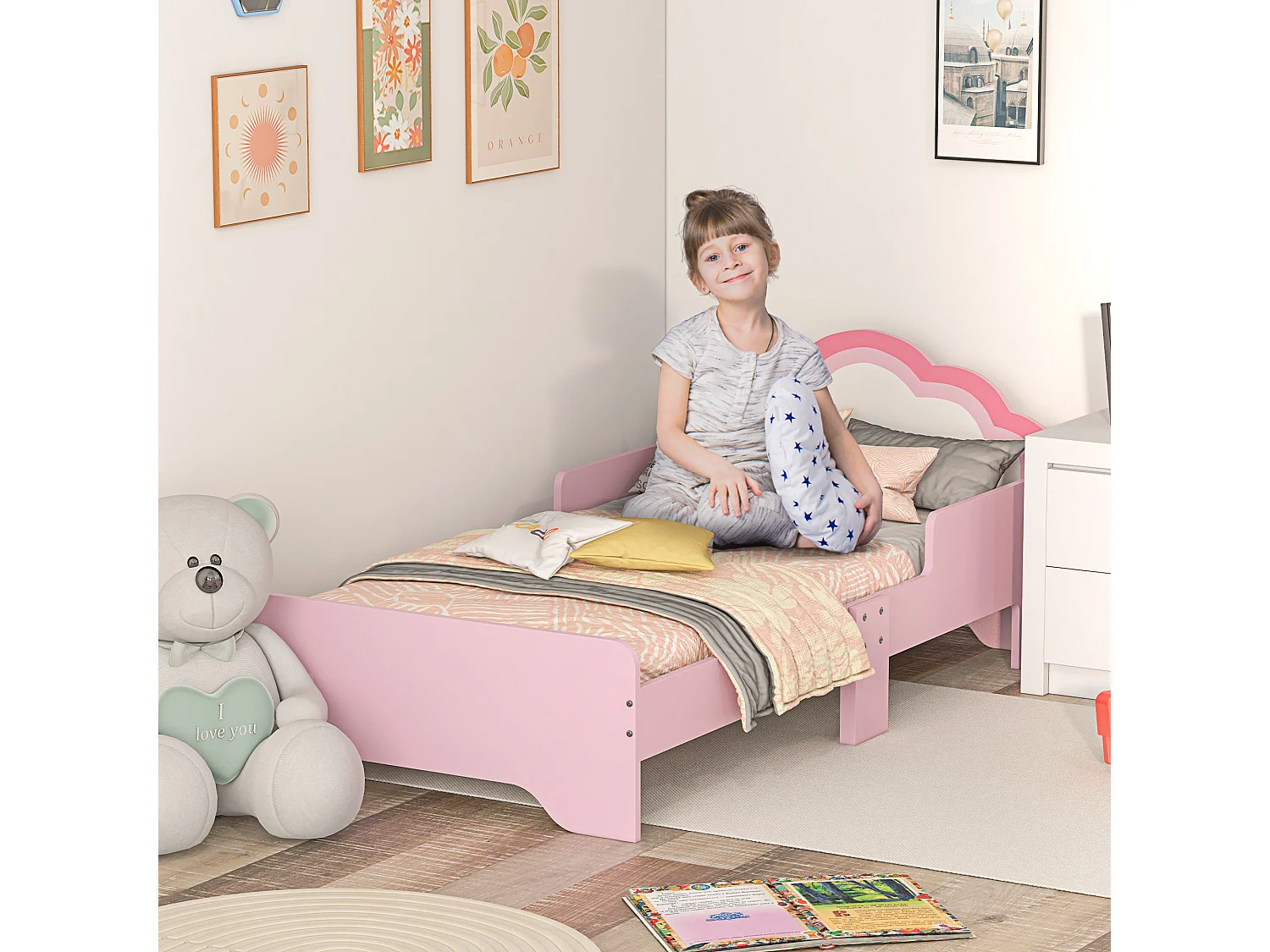 Lit enfant design girly motif nuage - sommier à lattes inclus - MDF contreplaqué rose blanc