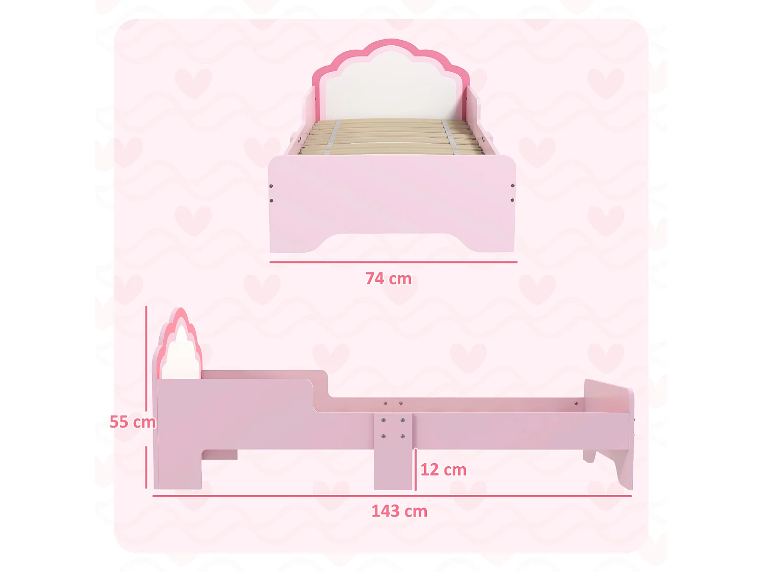 Lit enfant design girly motif nuage - sommier à lattes inclus - MDF contreplaqué rose blanc