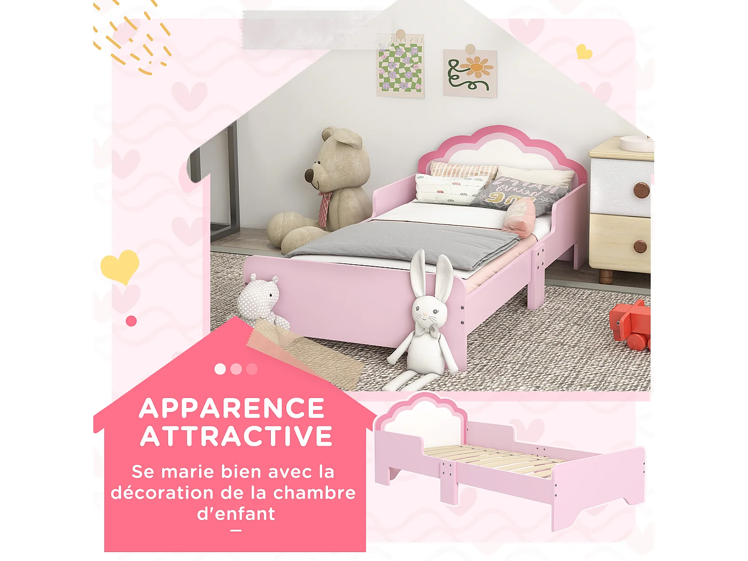 Lit enfant design girly motif nuage - sommier à lattes inclus - MDF contreplaqué rose blanc
