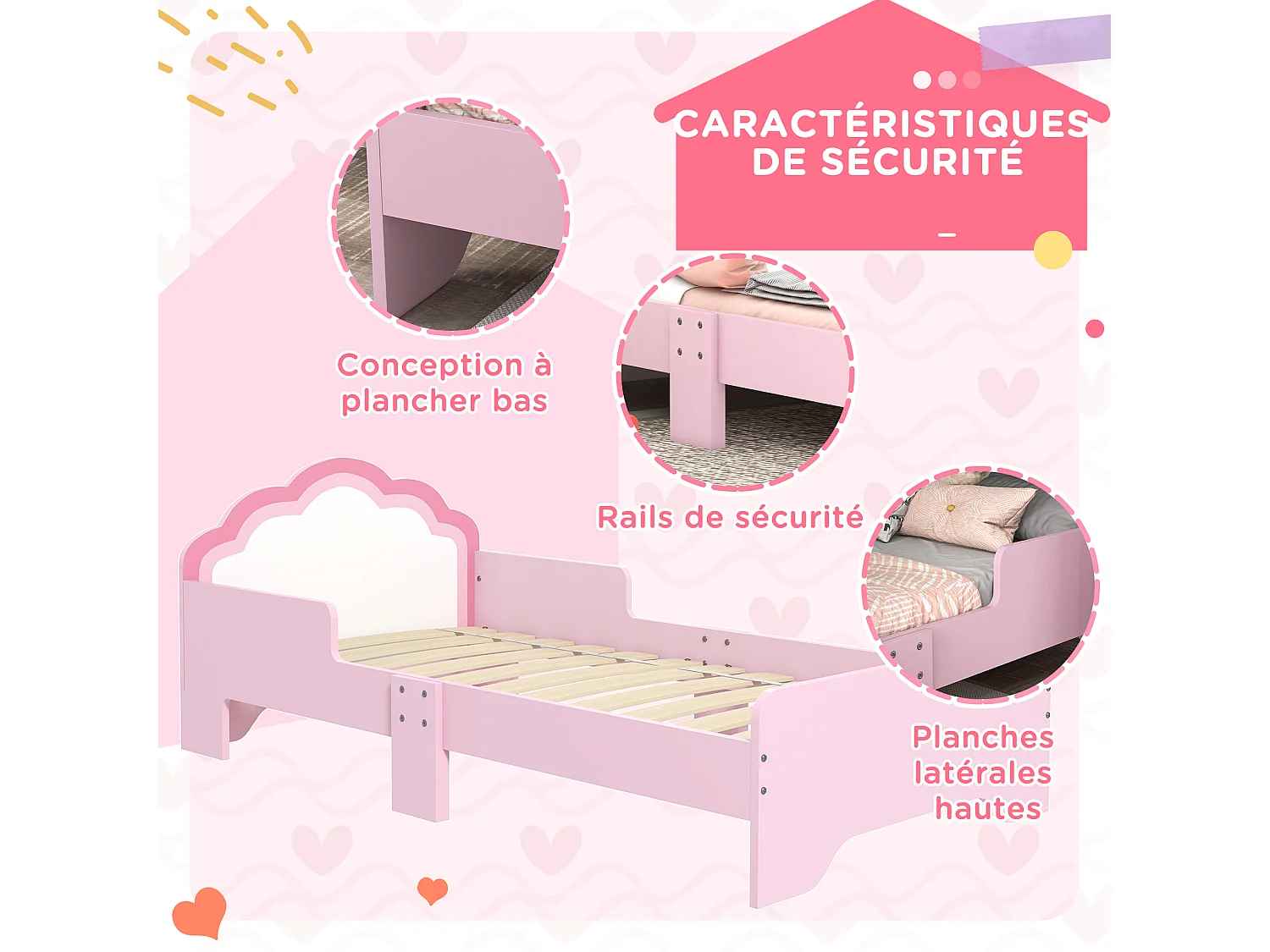 Lit enfant design girly motif nuage - sommier à lattes inclus - MDF contreplaqué rose blanc