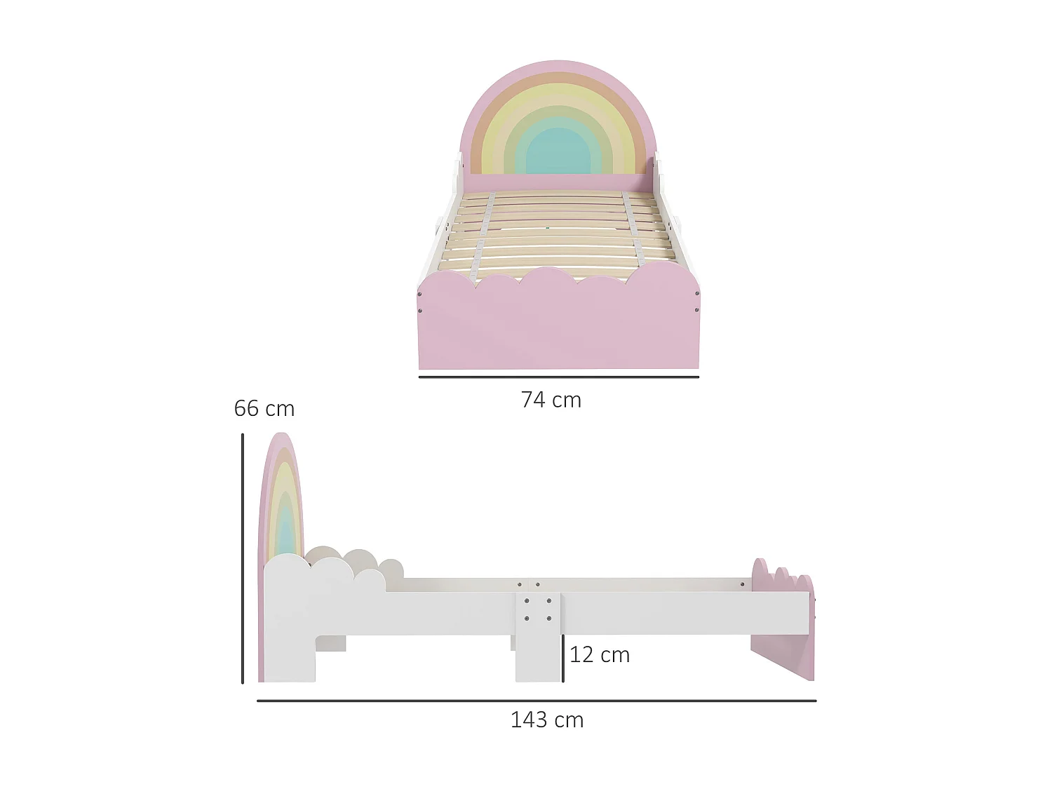 Lit enfant design girly motifs arc en ciel, nuages - sommier à lattes inclus - MDF contreplaqué rose blanc