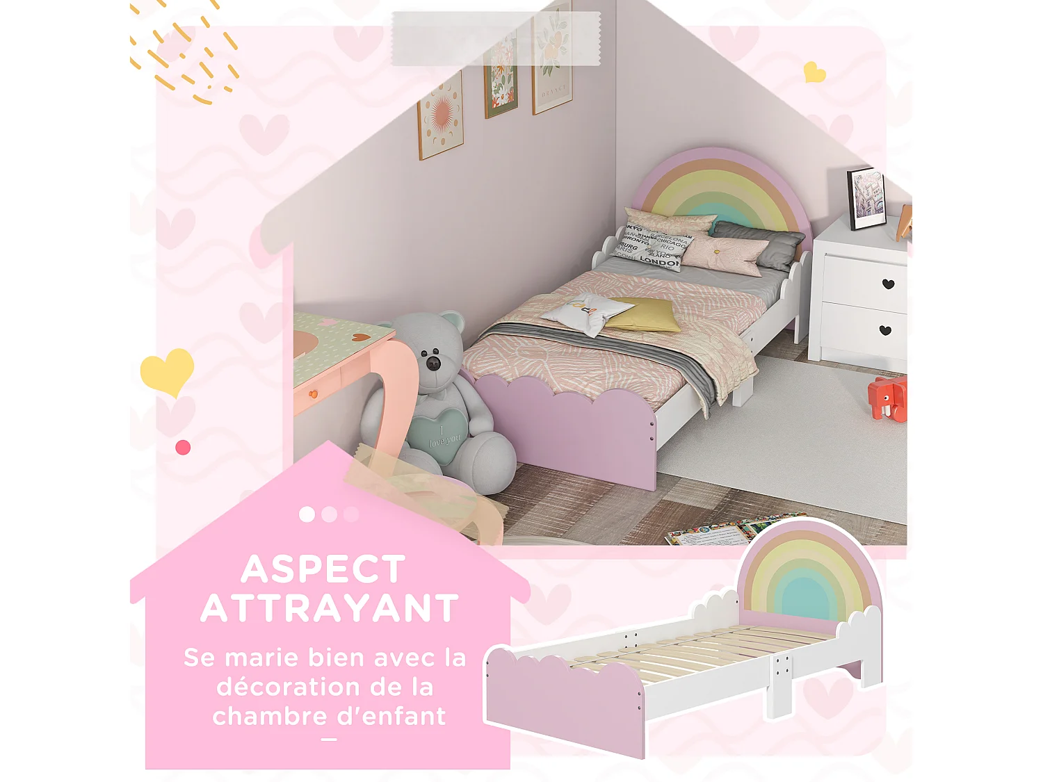 Lit enfant design girly motifs arc en ciel, nuages - sommier à lattes inclus - MDF contreplaqué rose blanc