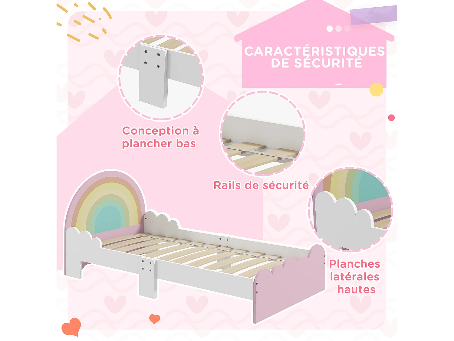 Lit enfant design girly motifs arc en ciel, nuages - sommier à lattes inclus - MDF contreplaqué rose blanc