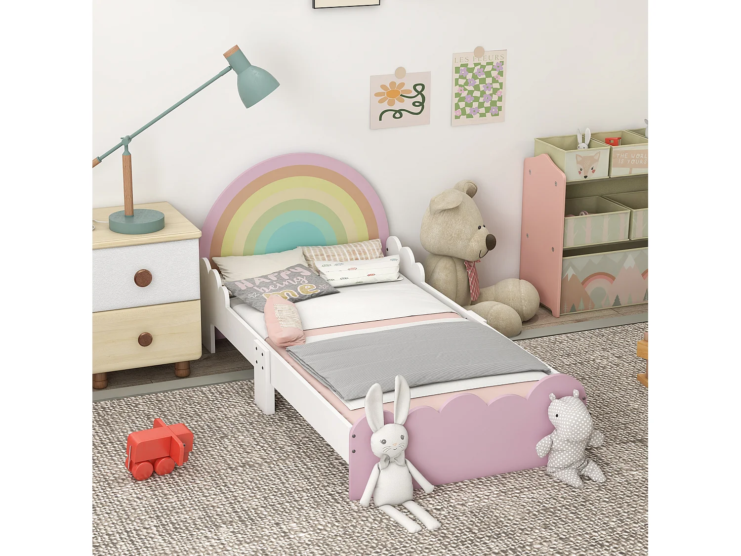 Lit enfant design girly motifs arc en ciel, nuages - sommier à lattes inclus - MDF contreplaqué rose blanc