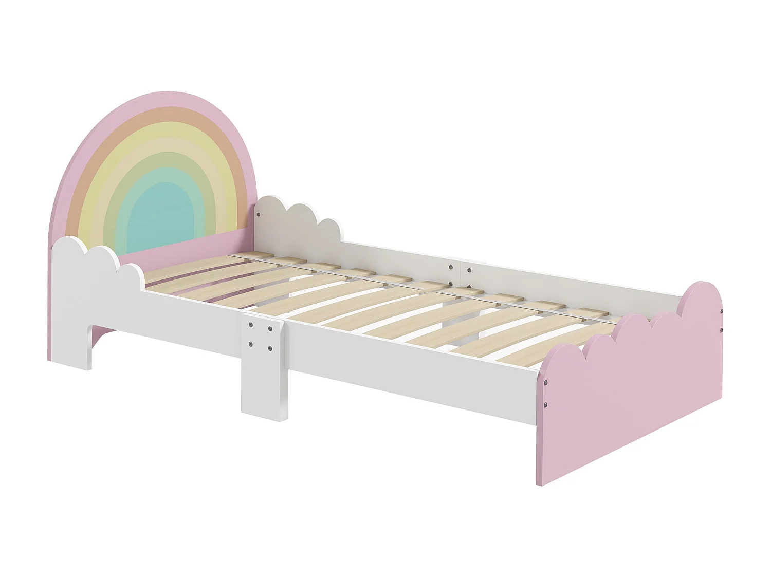 Lit enfant design girly motifs arc en ciel, nuages - sommier à lattes inclus - MDF contreplaqué rose blanc