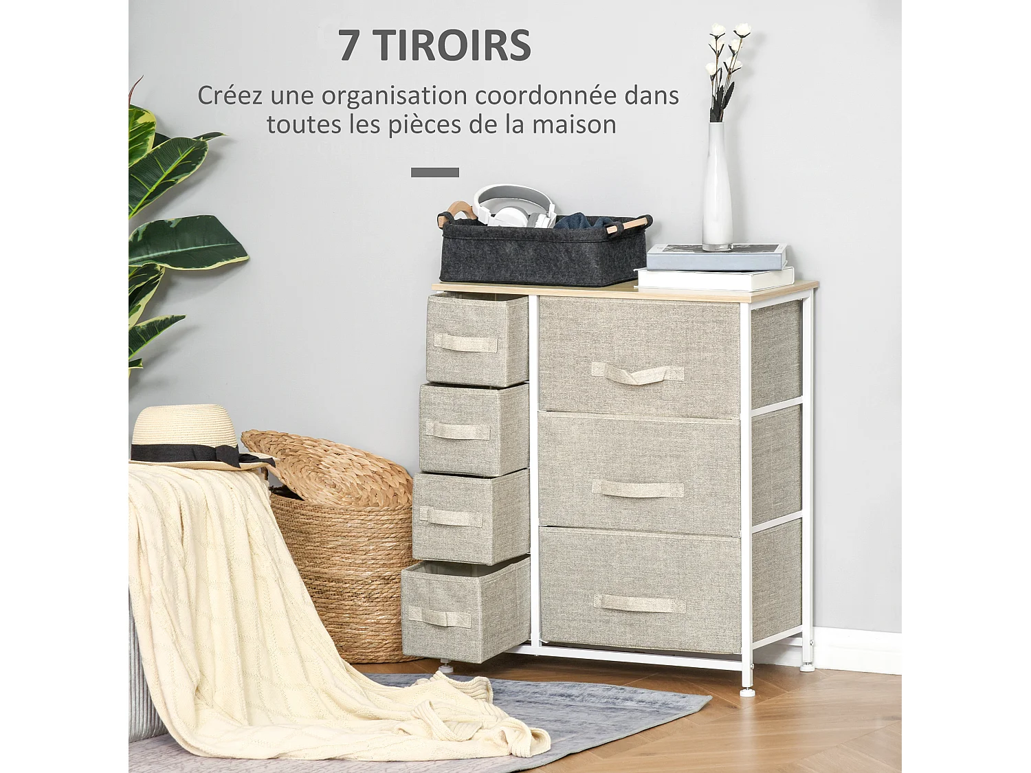 Meuble de rangement commode design 64L x 30l x 71H cm 7 tiroirs métal MDF non tissé blanc