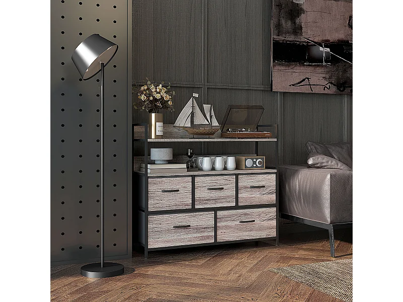 Commode style industriel - 5 tiroirs, 2 étagères - acier noir MDF non tissé effet bois gris