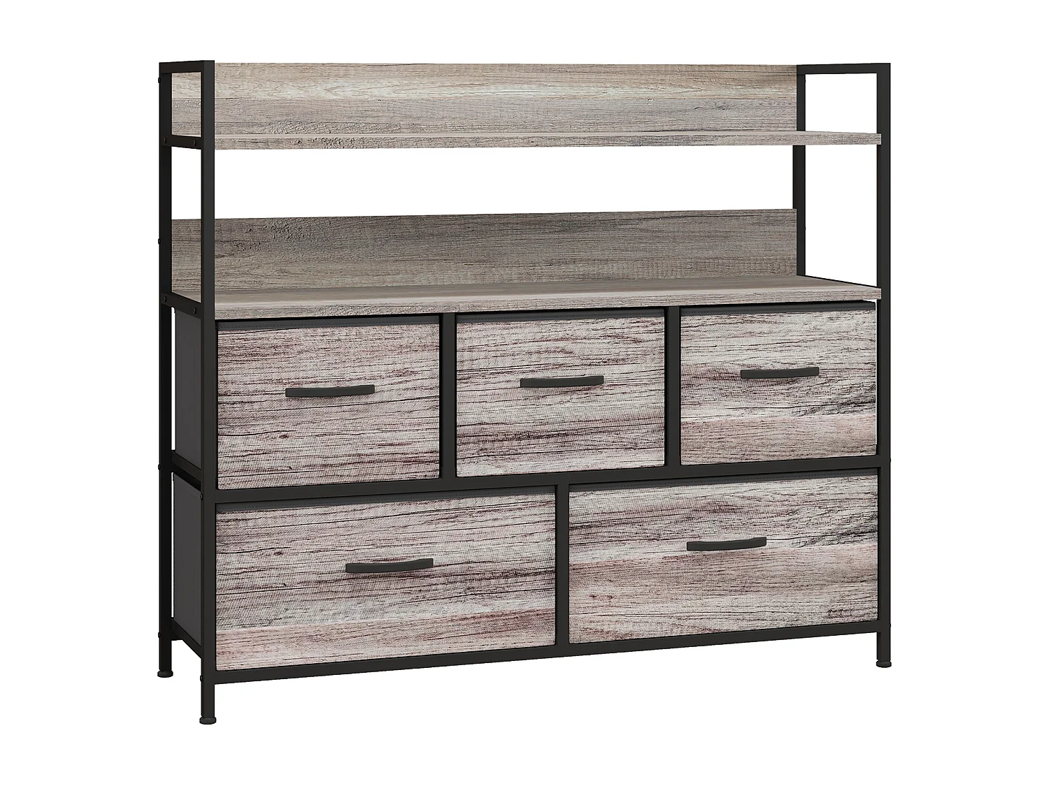 Commode style industriel - 5 tiroirs, 2 étagères - acier noir MDF non tissé effet bois gris