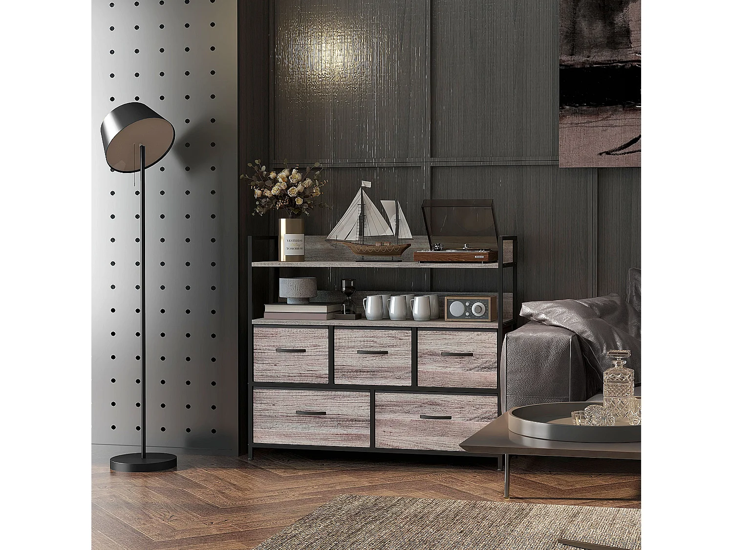 Commode style industriel - 5 tiroirs, 2 étagères - acier noir MDF non tissé effet bois gris