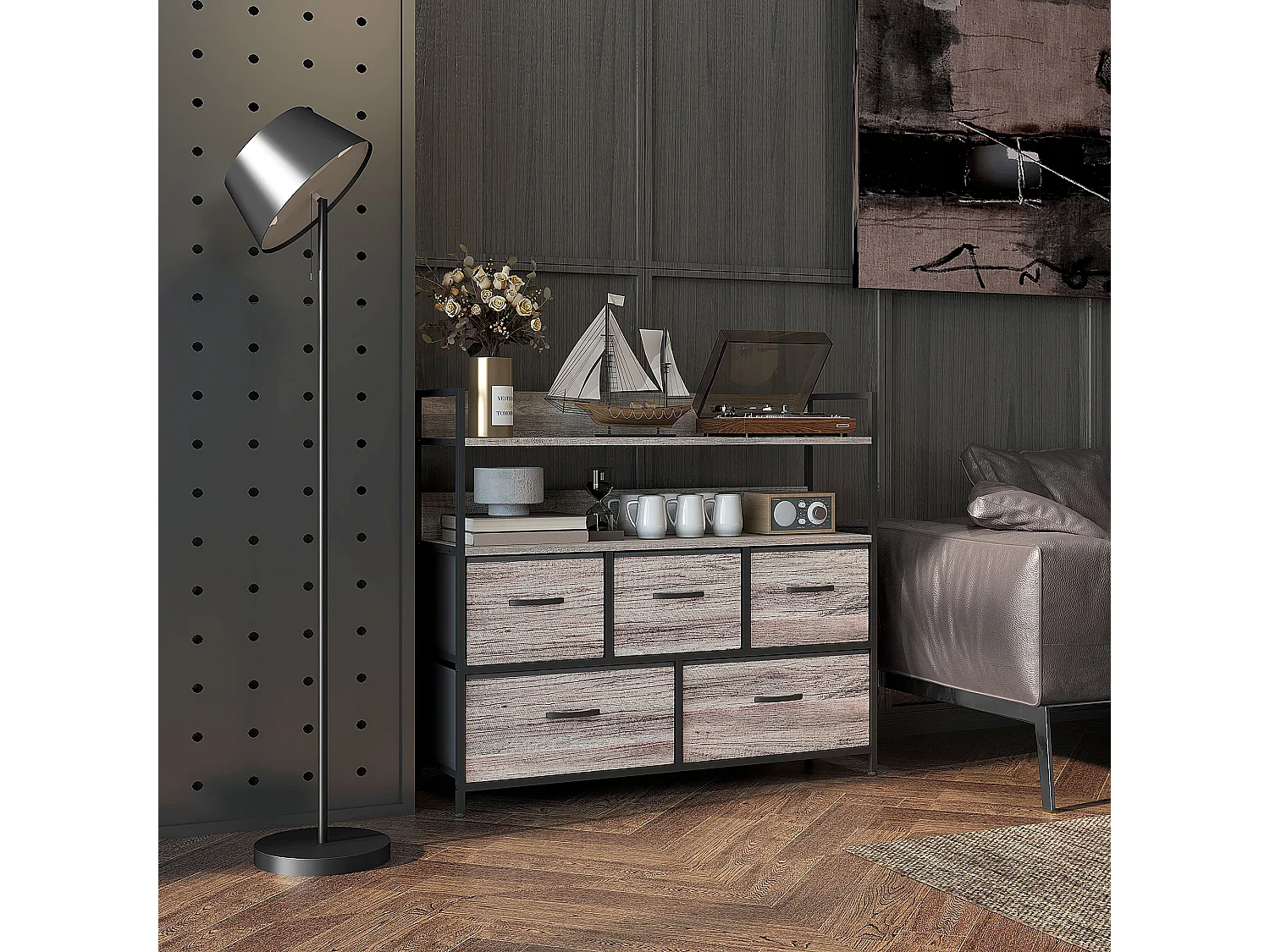 Commode style industriel - 5 tiroirs, 2 étagères - acier noir MDF non tissé effet bois gris