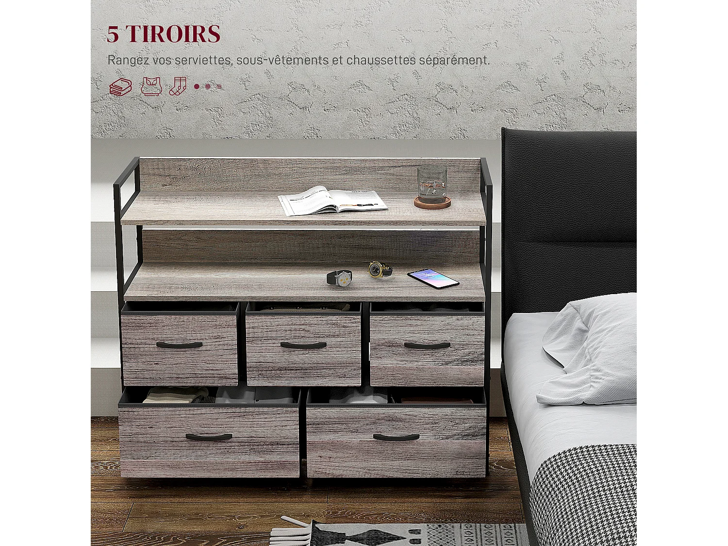 Commode style industriel - 5 tiroirs, 2 étagères - acier noir MDF non tissé effet bois gris