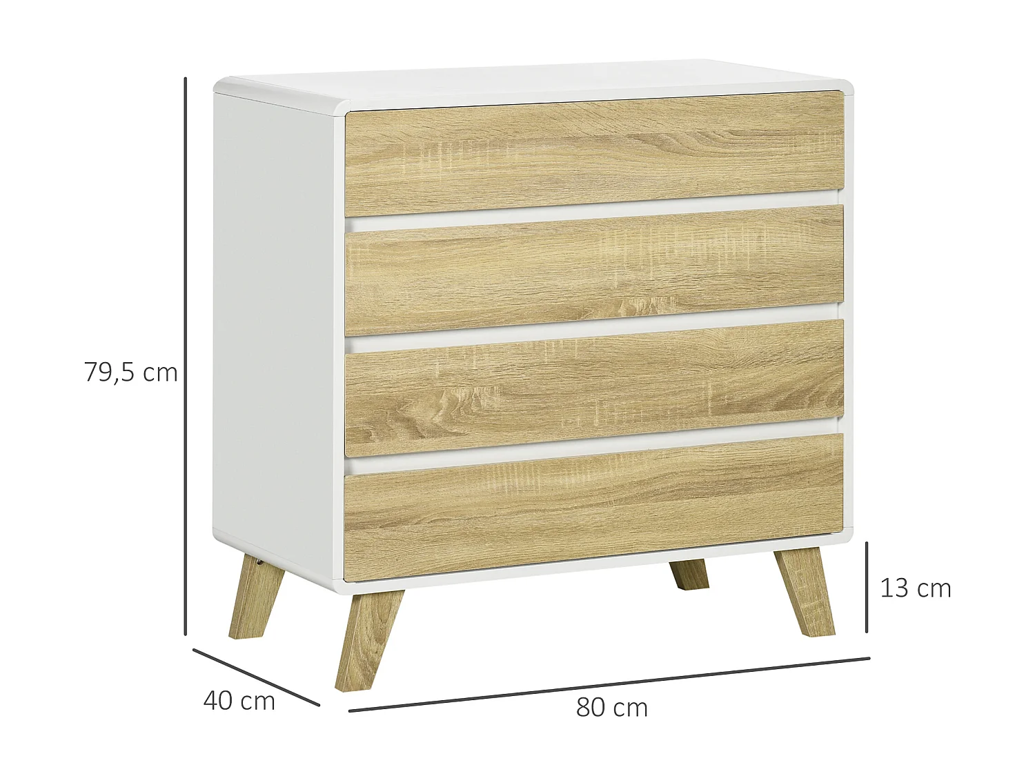Commode design scandinave - 4 tiroirs - MDF panneaux blanc aspect chêne clair