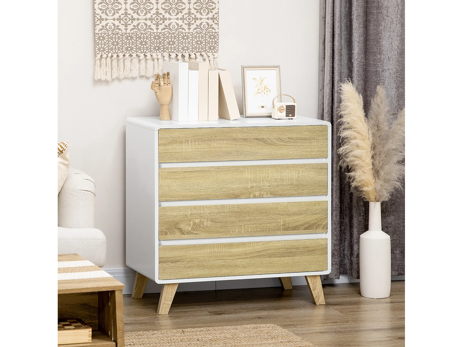 Commode design scandinave - 4 tiroirs - MDF panneaux blanc aspect chêne clair