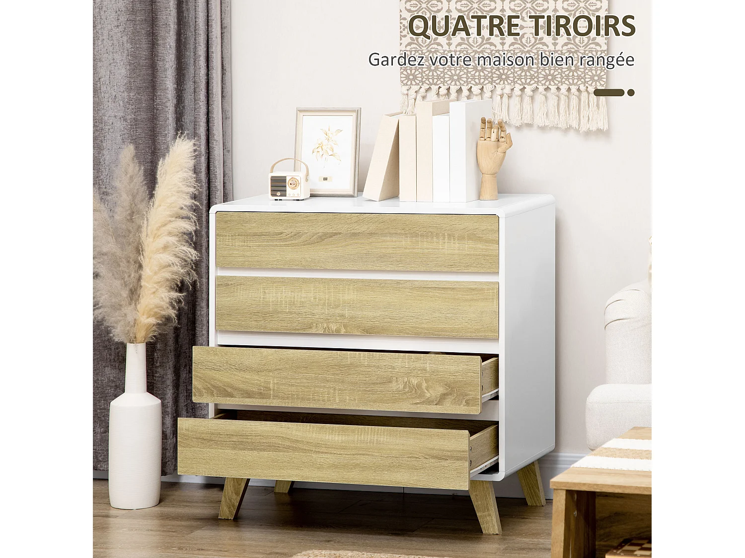 Commode design scandinave - 4 tiroirs - MDF panneaux blanc aspect chêne clair