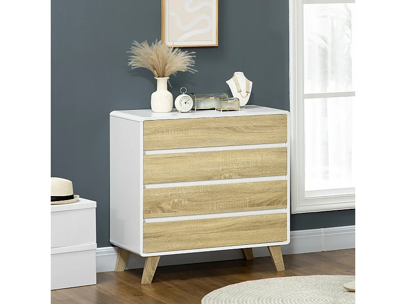 Commode design scandinave - 4 tiroirs - MDF panneaux blanc aspect chêne clair