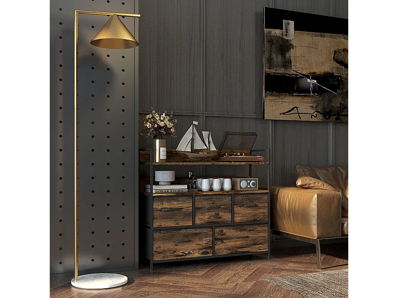 Commode style industriel - 5 tiroirs, 2 étagères - acier noir MDF non tissé effet bois vieilli