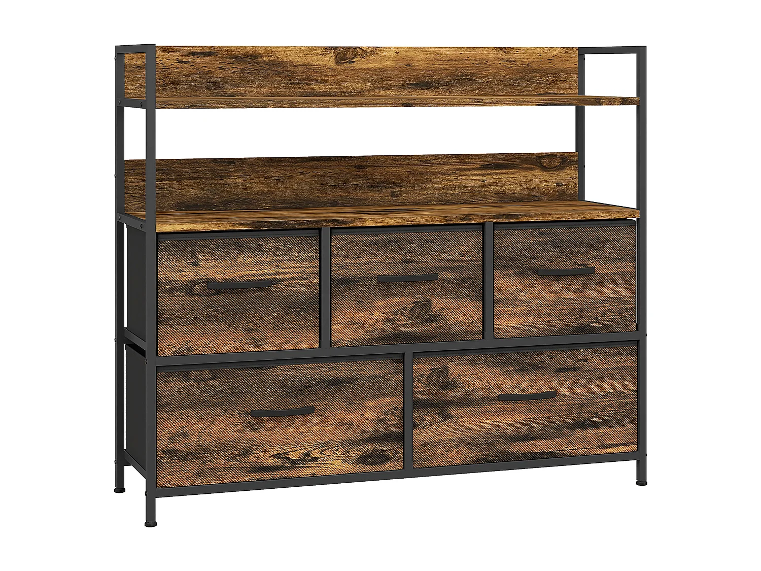 Commode style industriel - 5 tiroirs, 2 étagères - acier noir MDF non tissé effet bois vieilli