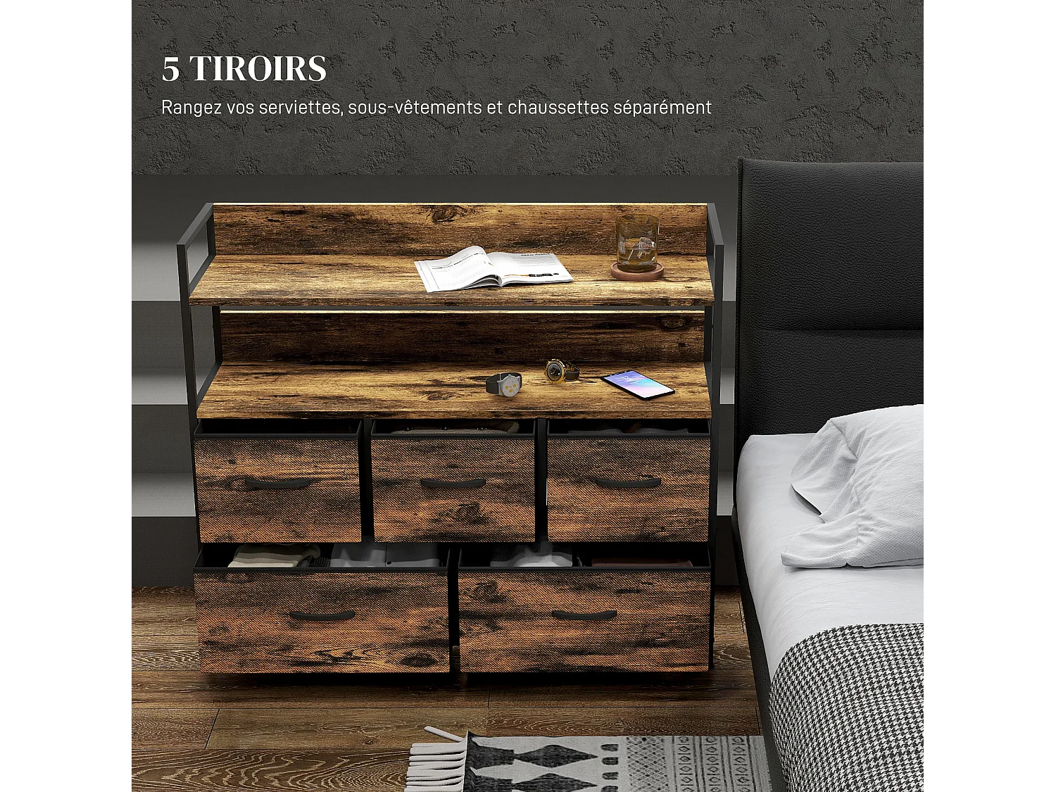 Commode style industriel - 5 tiroirs, 2 étagères - acier noir MDF non tissé effet bois vieilli