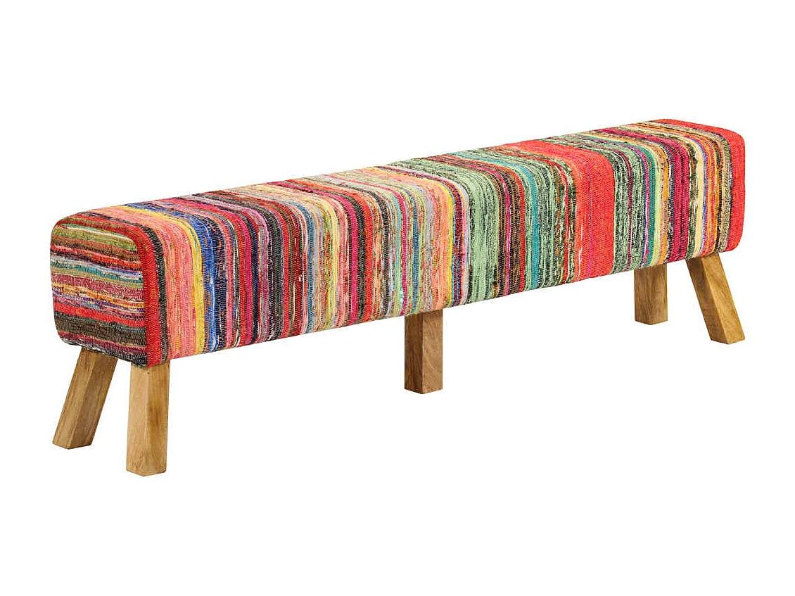 Banc multicolore 160 cm tissu chindi et bois de manguier massif