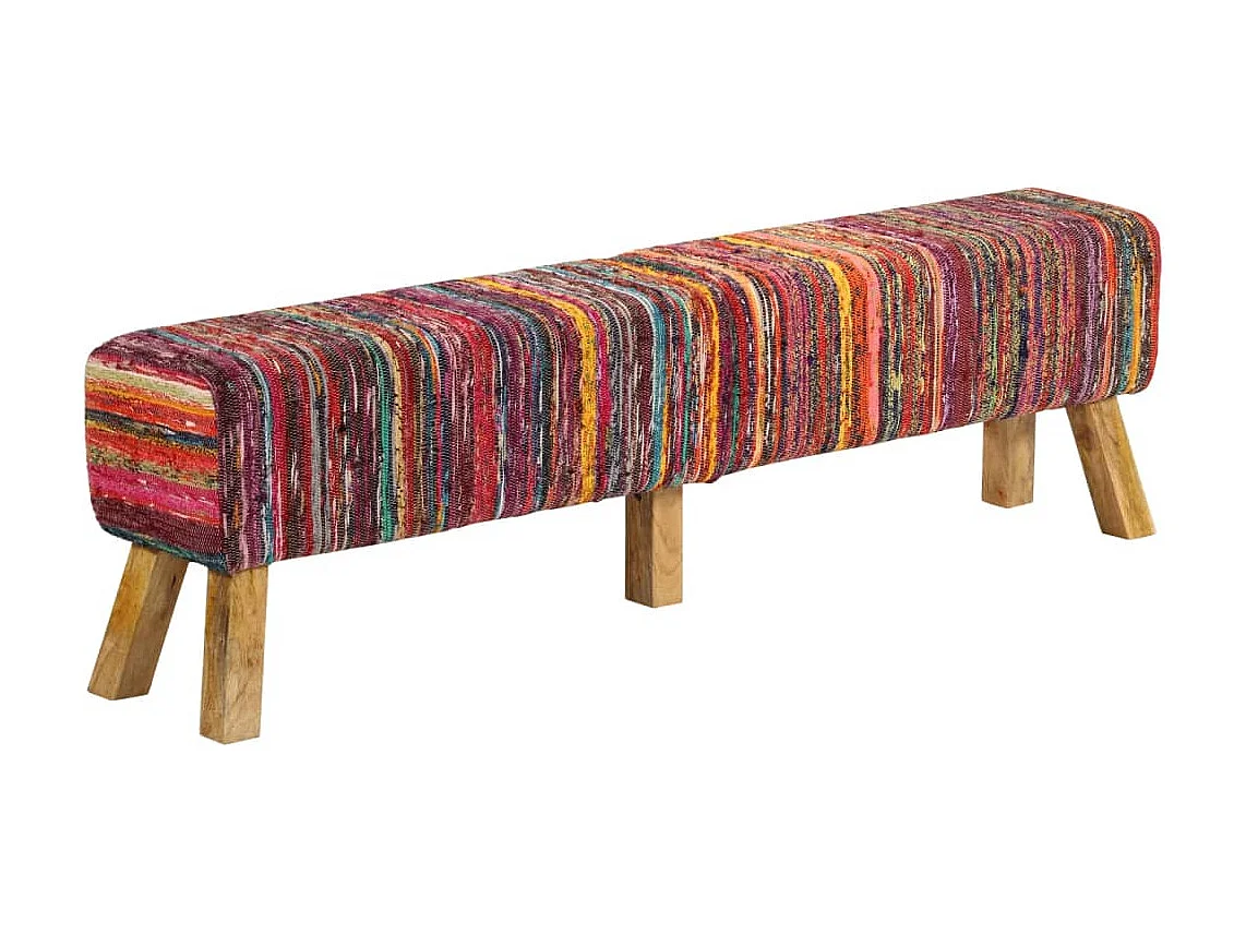 Banc multicolore 160 cm tissu chindi et bois de manguier massif