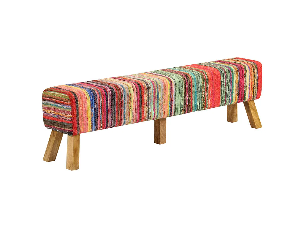 Banc multicolore 160 cm tissu chindi et bois de manguier massif