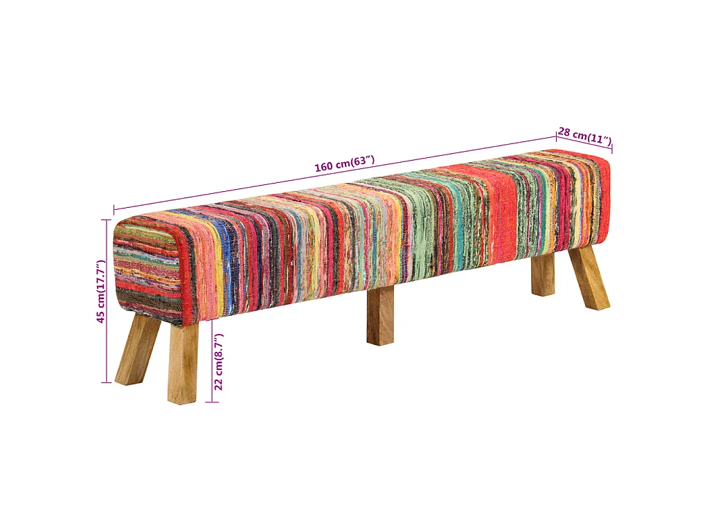 Banc multicolore 160 cm tissu chindi et bois de manguier massif