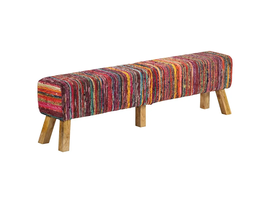 Banc multicolore 160 cm tissu chindi et bois de manguier massif