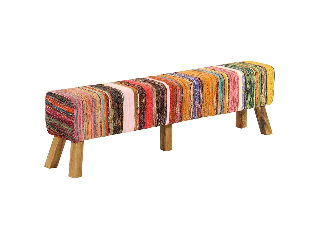 Banc multicolore 160 cm tissu chindi et bois de manguier massif