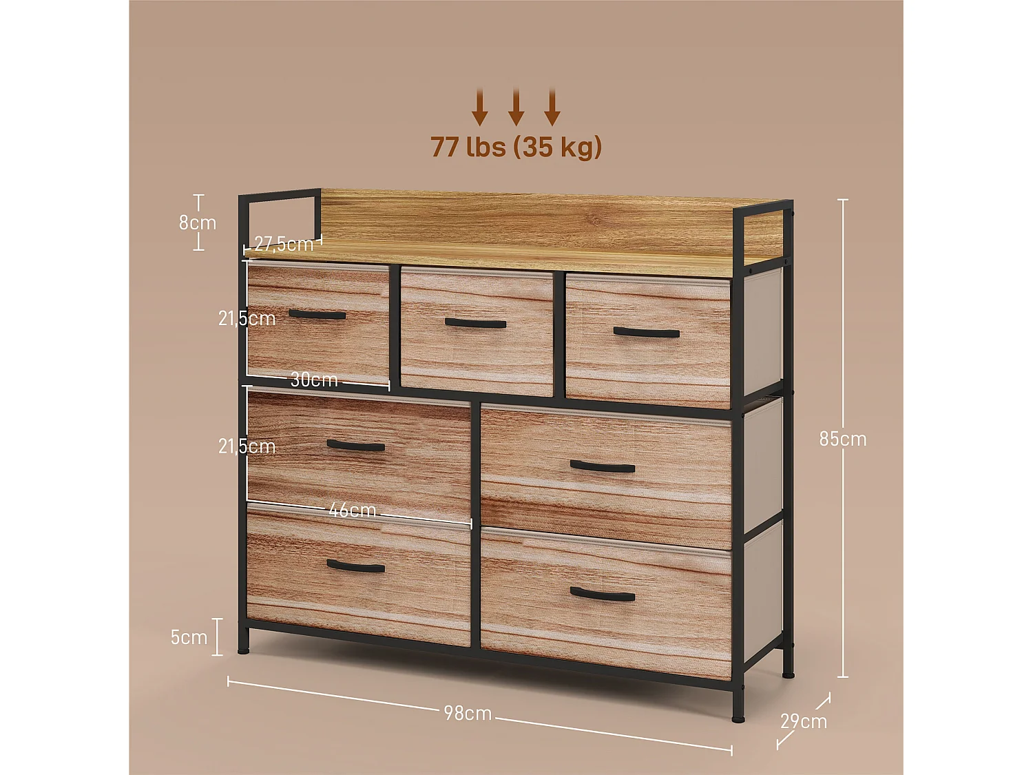 Commode 7 tiroirs non tissés pliables - structure acier noir - plateau MDF - aspect bois