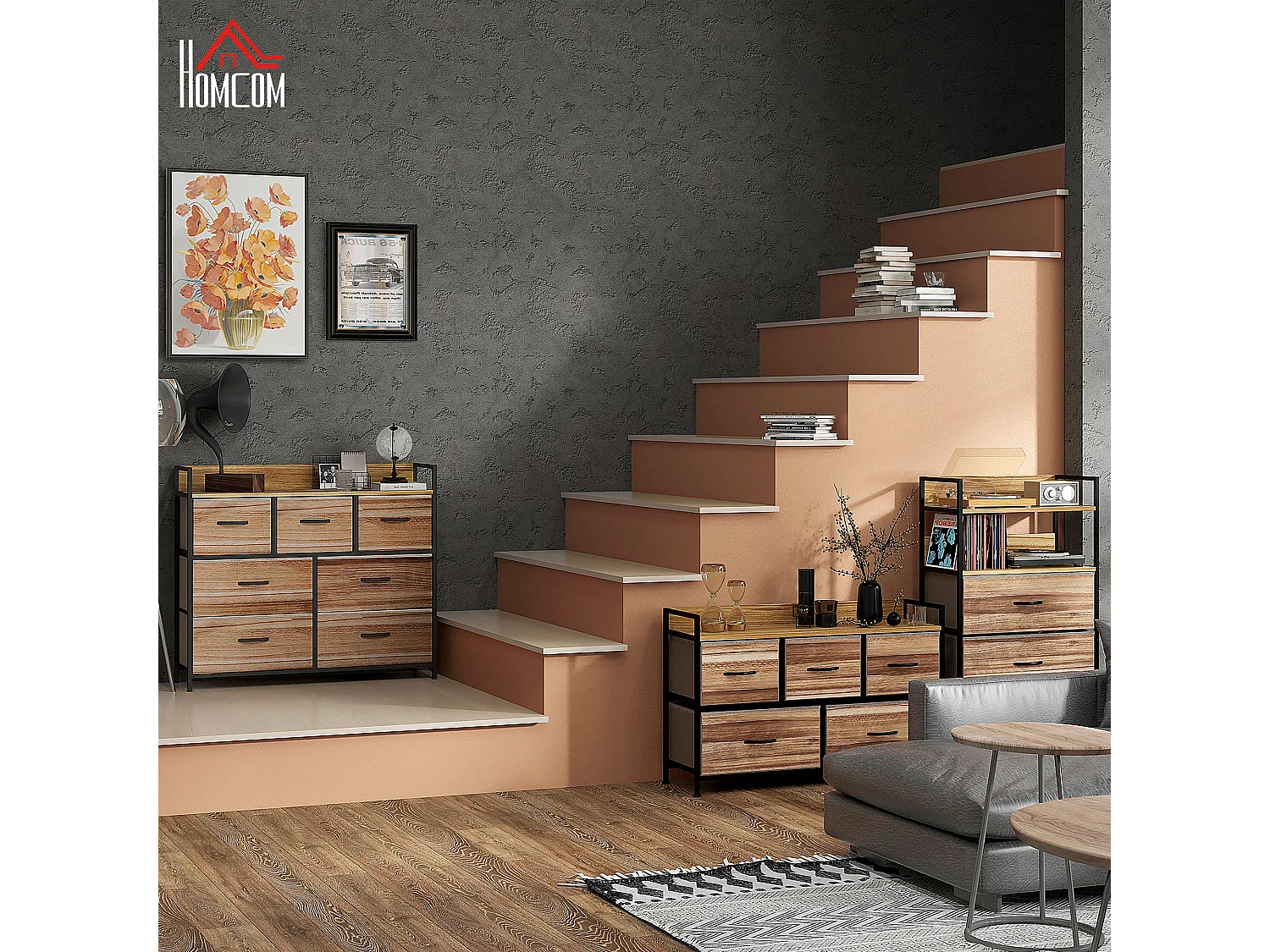 Commode 7 tiroirs non tissés pliables - structure acier noir - plateau MDF - aspect bois