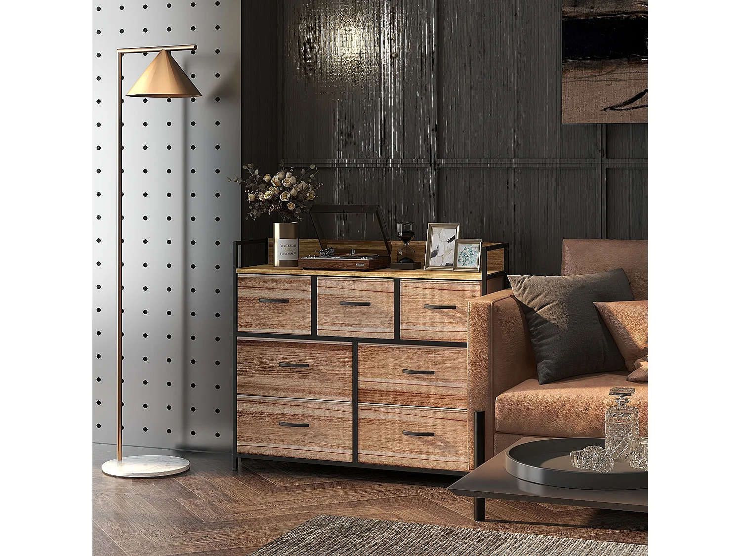 Commode 7 tiroirs non tissés pliables - structure acier noir - plateau MDF - aspect bois