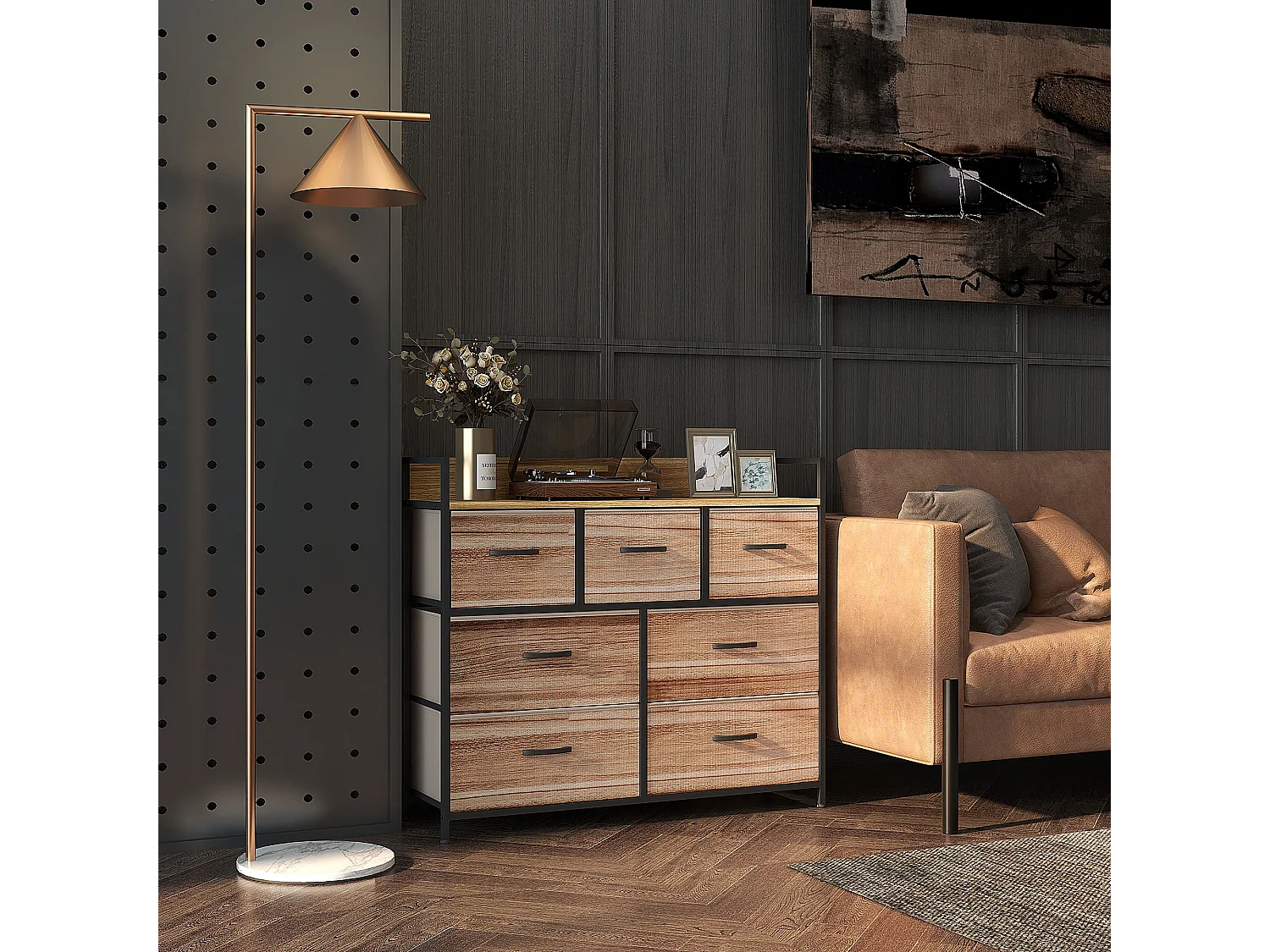 Commode 7 tiroirs non tissés pliables - structure acier noir - plateau MDF - aspect bois