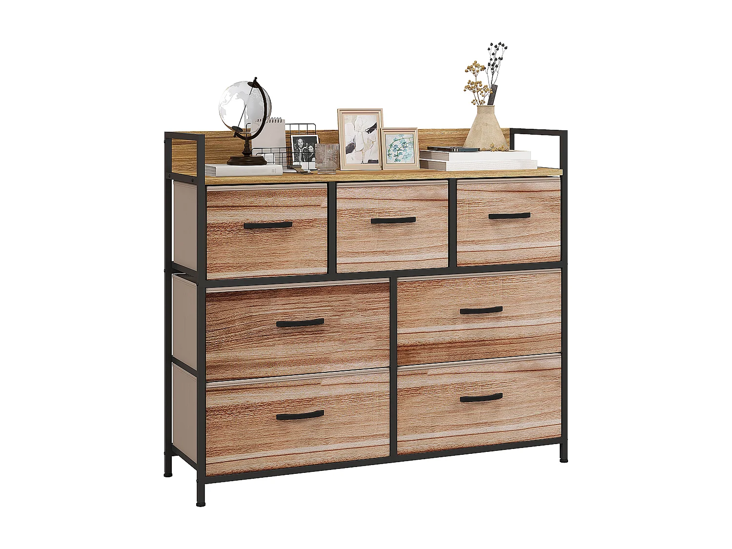 Commode 7 tiroirs non tissés pliables - structure acier noir - plateau MDF - aspect bois