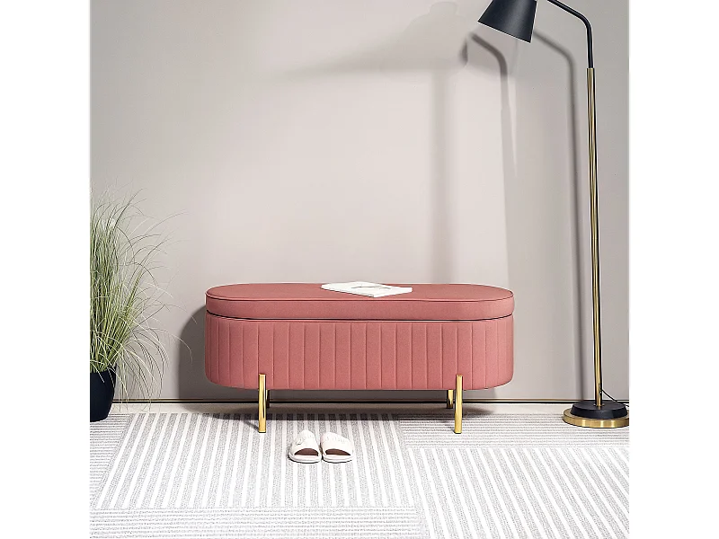 Banquette coffre 2 en 1 design ovale dim. 108x44x43cm velours rose poudré