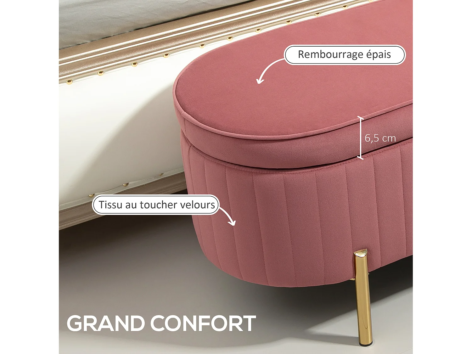 Banquette coffre 2 en 1 design ovale dim. 108x44x43cm velours rose poudré