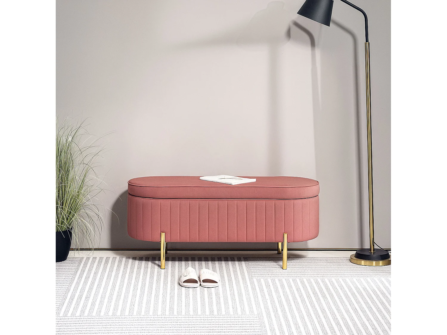 Banquette coffre 2 en 1 design ovale dim. 108x44x43cm velours rose poudré