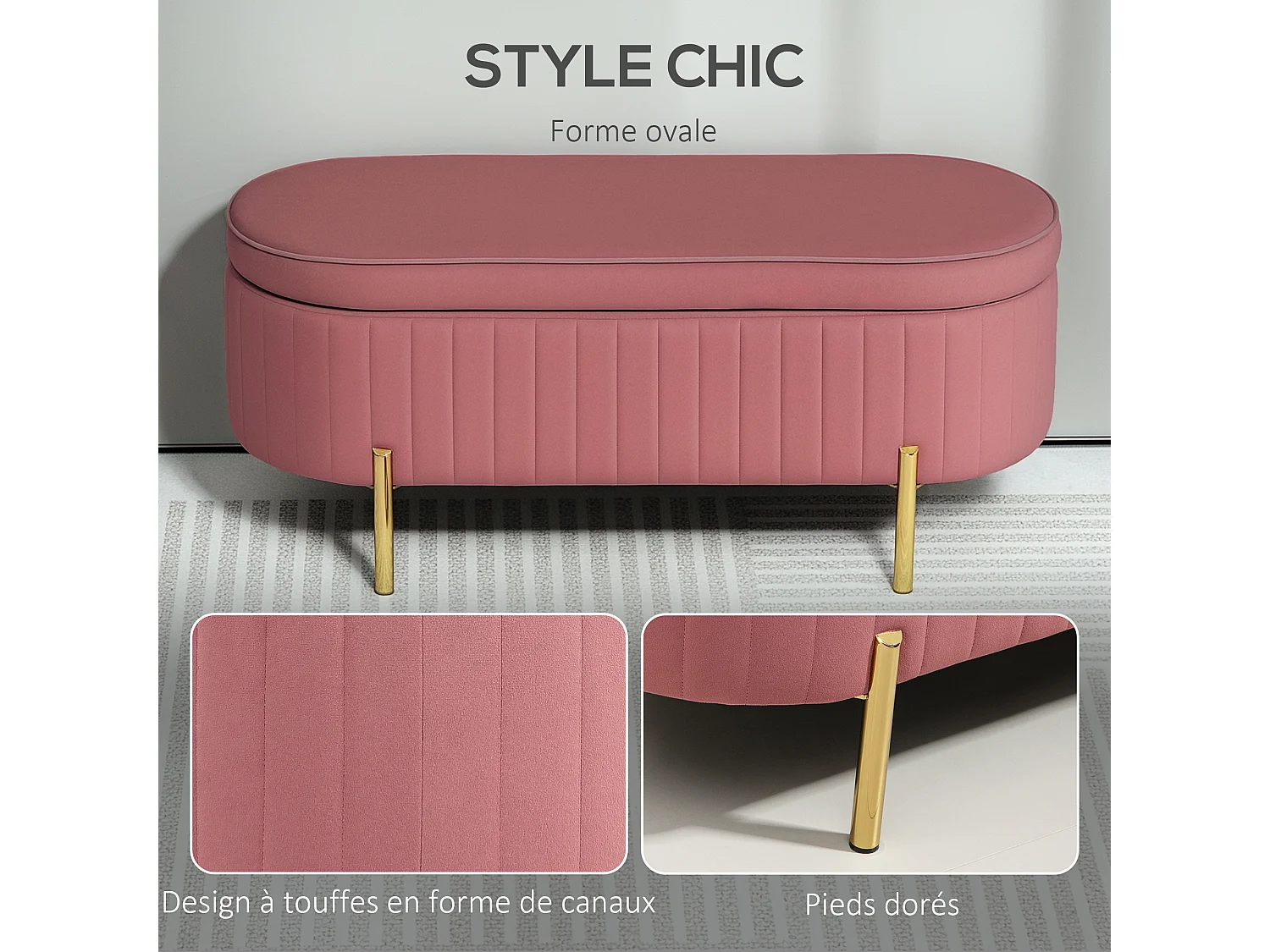 Banquette coffre 2 en 1 design ovale dim. 108x44x43cm velours rose poudré