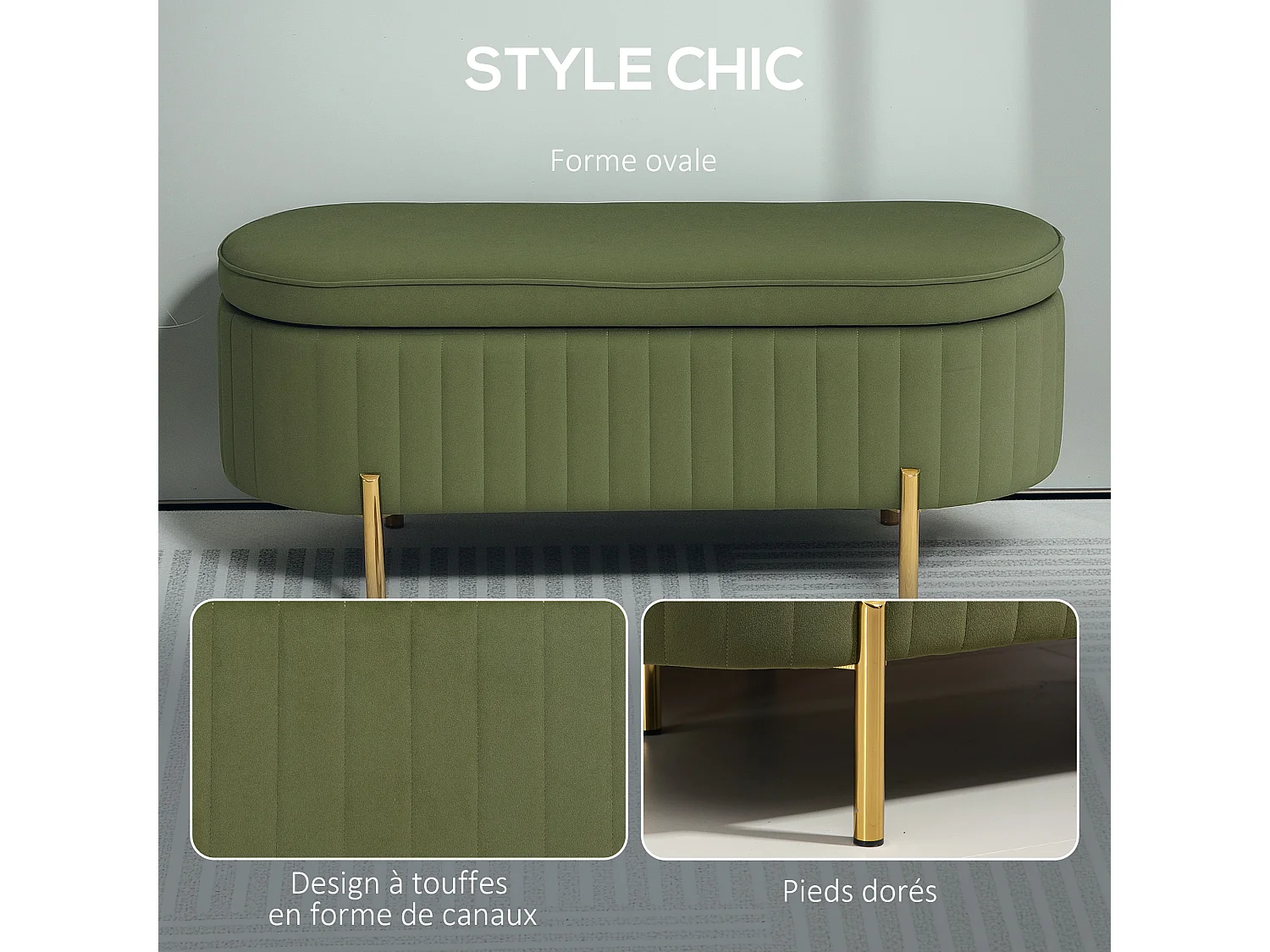 Banquette coffre 2 en 1 design ovale dim. 108x44x43cm velours kaki