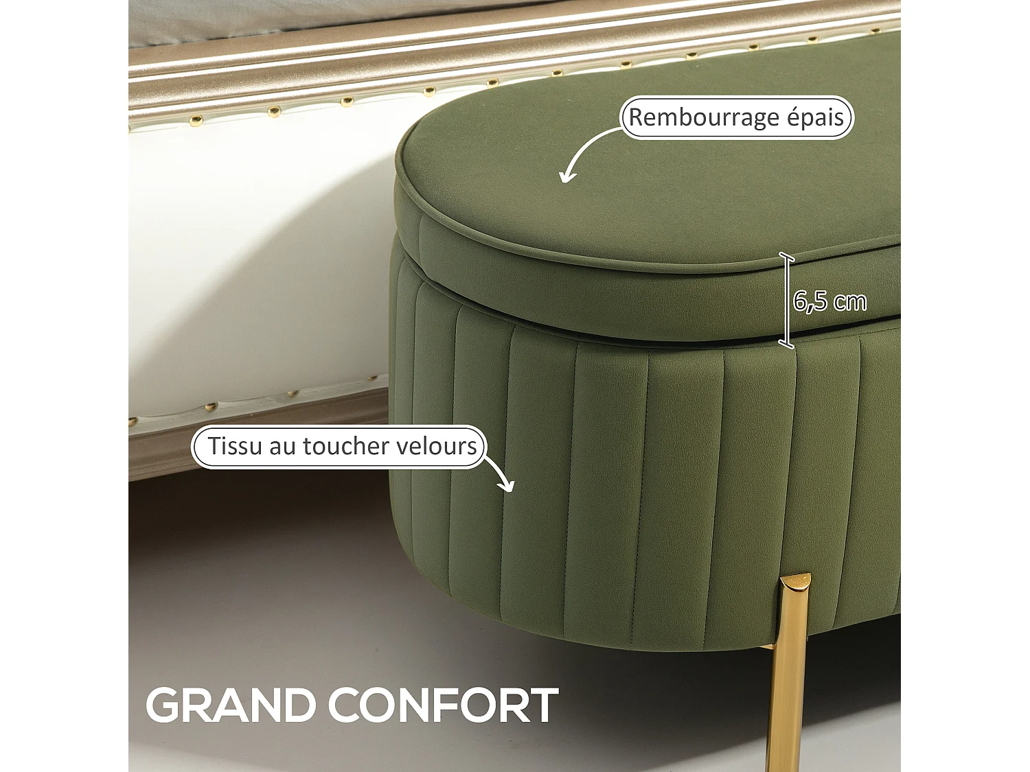 Banquette coffre 2 en 1 design ovale dim. 108x44x43cm velours kaki