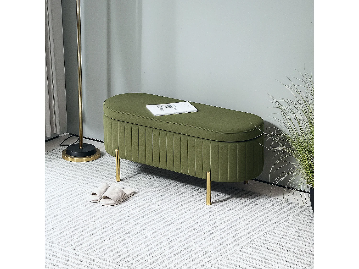 Banquette coffre 2 en 1 design ovale dim. 108x44x43cm velours kaki