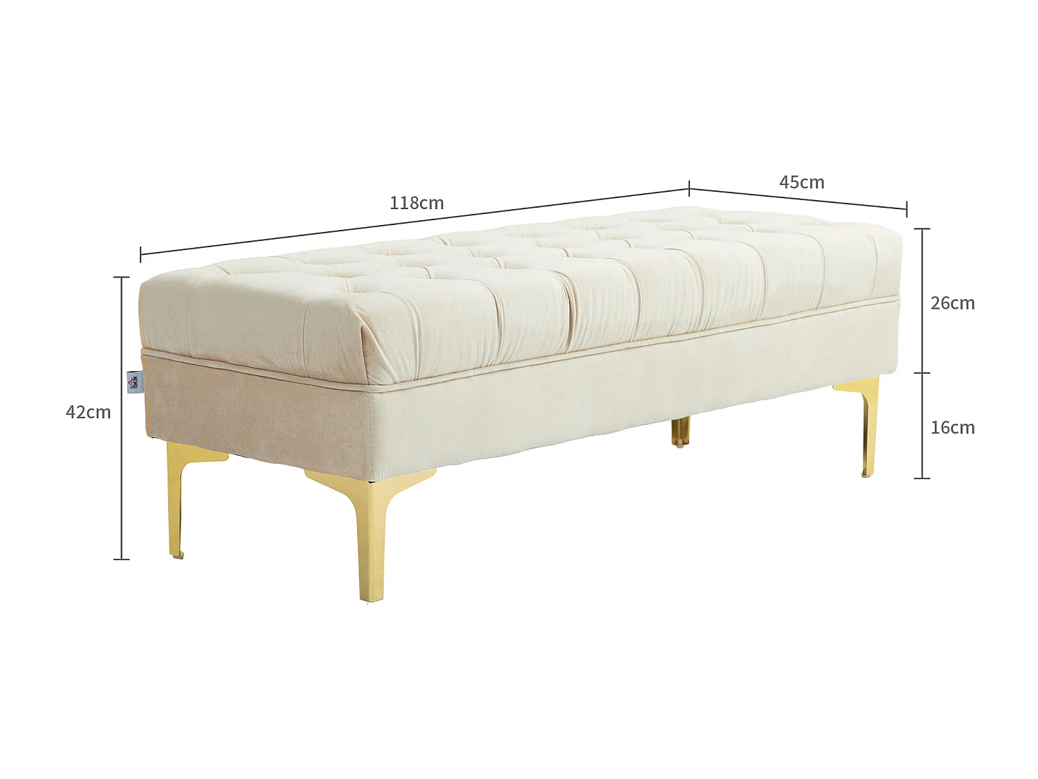 Banc banquette capitonnée style classique chic dim. 118L x 45l x 42H cm piètement métal doré velours beige