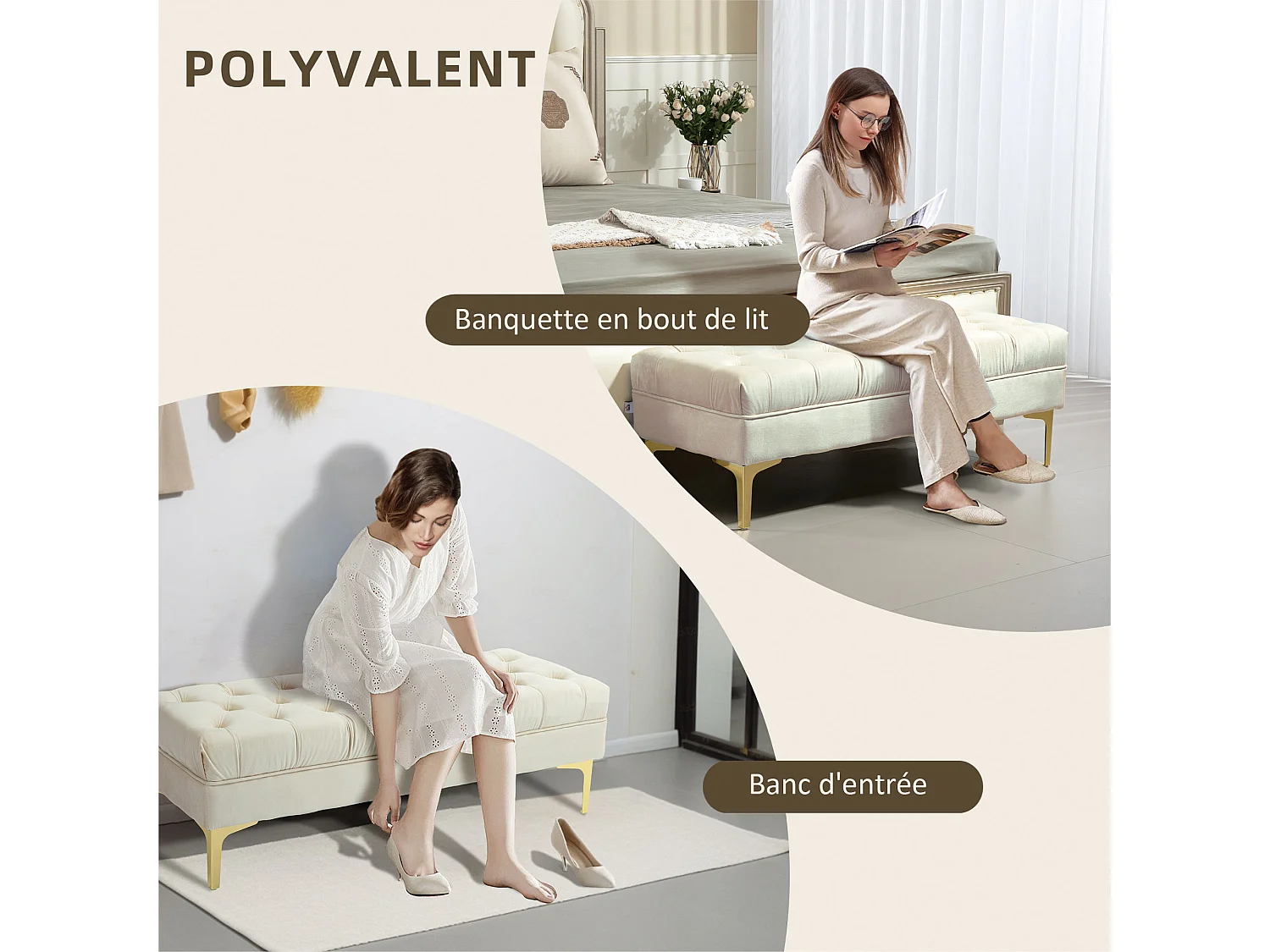 Banc banquette capitonnée style classique chic dim. 118L x 45l x 42H cm piètement métal doré velours beige