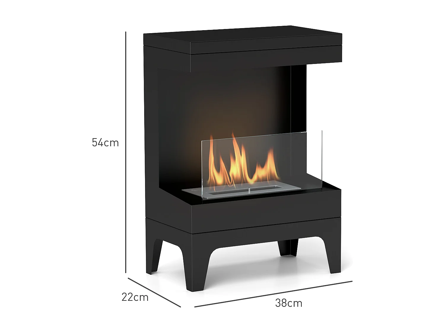 Cheminée bioéthanol sur pied - 0,9L - 38 x 22 x 54 cm - acier inox. noir verre trempé