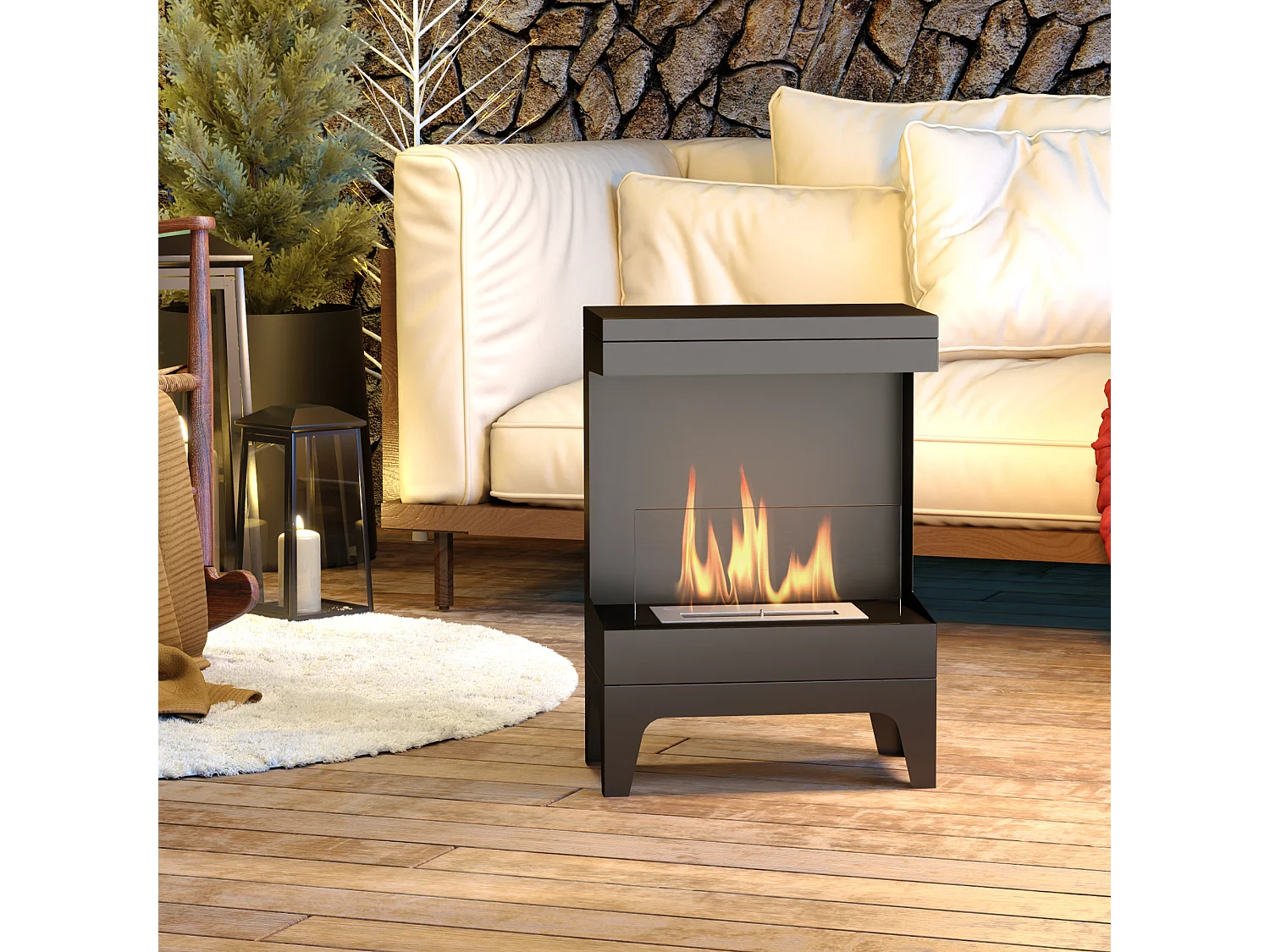 Cheminée bioéthanol sur pied - 0,9L - 38 x 22 x 54 cm - acier inox. noir verre trempé