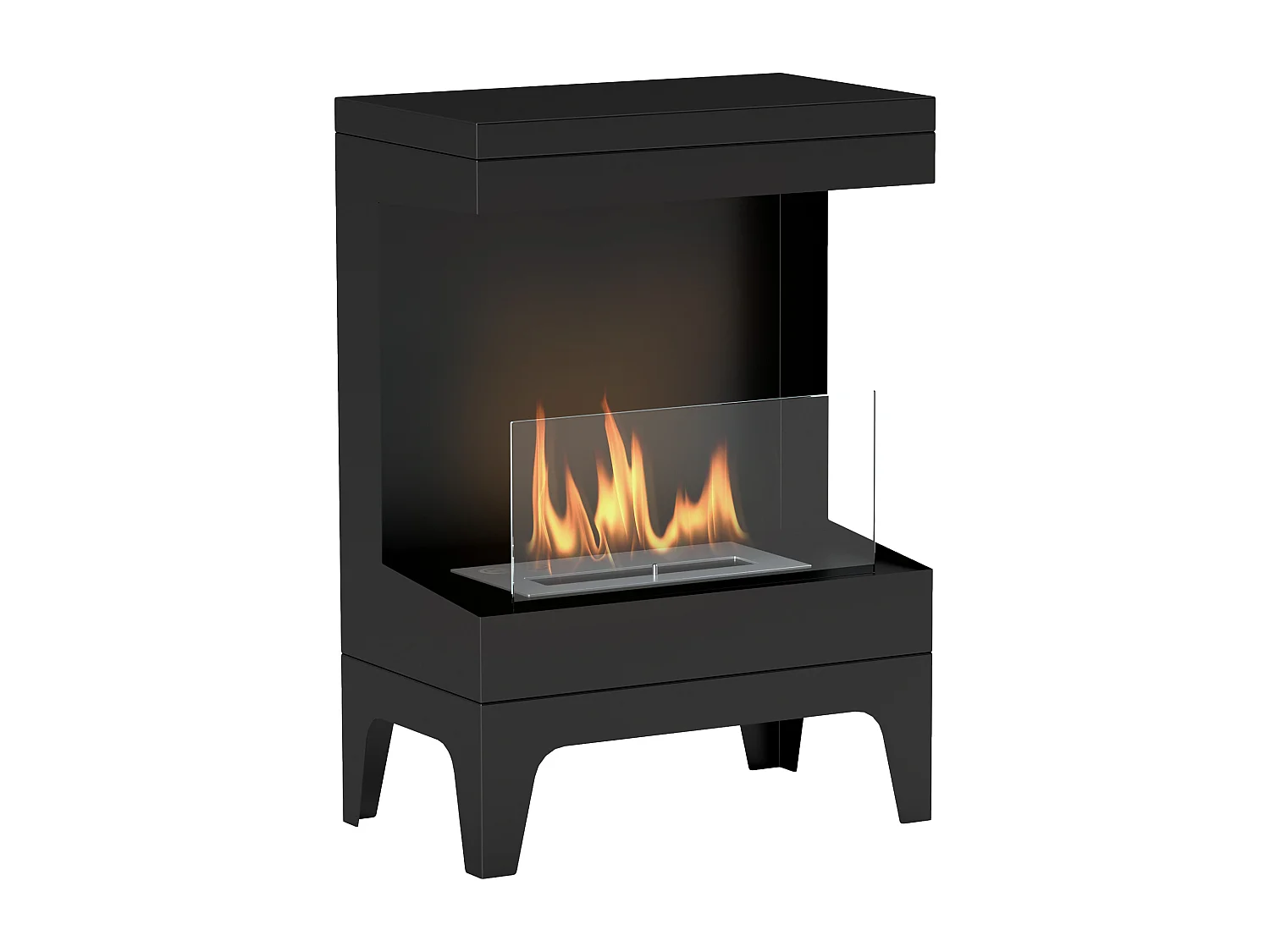 Cheminée bioéthanol sur pied - 0,9L - 38 x 22 x 54 cm - acier inox. noir verre trempé