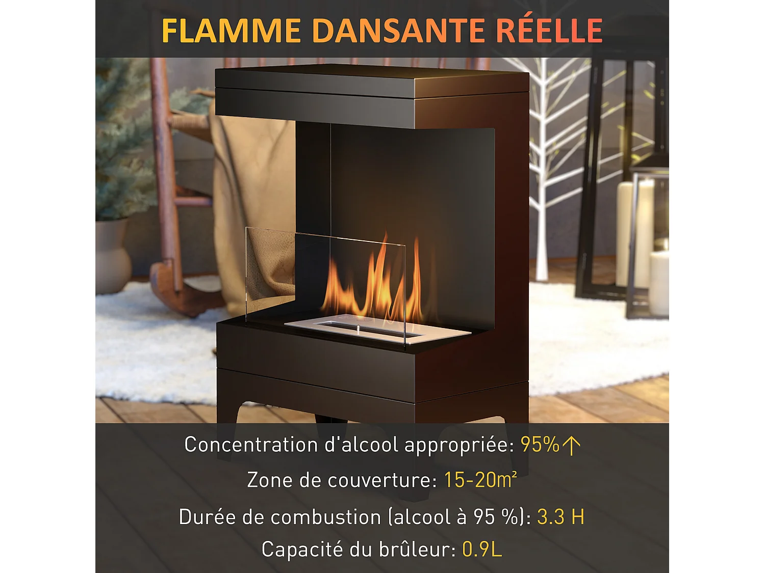 Cheminée bioéthanol sur pied - 0,9L - 38 x 22 x 54 cm - acier inox. noir verre trempé