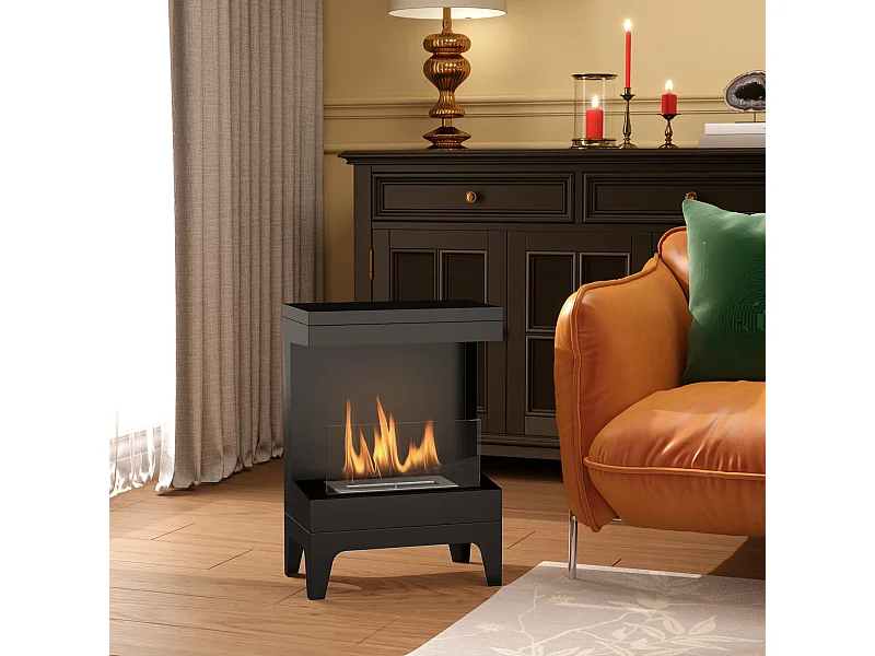 Cheminée bioéthanol sur pied - 0,9L - 38 x 22 x 54 cm - acier inox. noir verre trempé